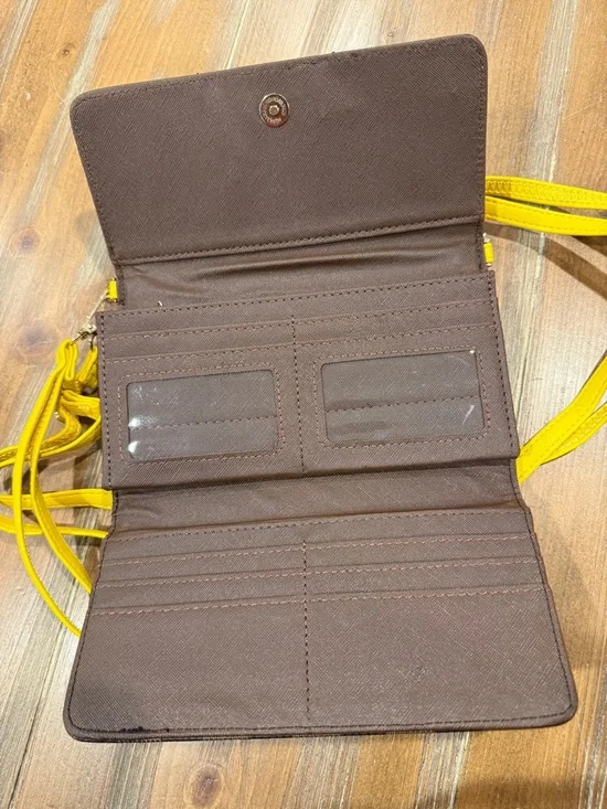 Michael Kors Check Wallet Crossbody Purse Brown Yellow Strap Clutch Dopamine Y2K - Picture 5 of 8